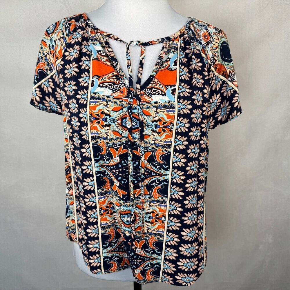 Angashion Top Sz M Black Multicolor Print Flutter Raglan Sleeve Split Neck Tie