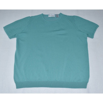 A short-sleeve knit sweater in a muted teal color, laid flat on a light gray background. The knit pattern is textured on the upper chest and shoulders, with a smoother ribbed hem and cuffs.