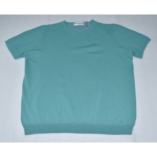A short-sleeve knit sweater in a muted teal color, laid flat on a light gray background. The knit pattern is textured on the upper chest and shoulders, with a smoother ribbed hem and cuffs.