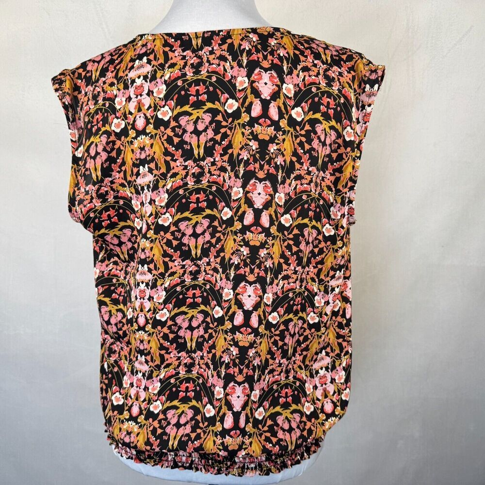 Roan Ryan Blouse Sz S Black Floral VNeck Sleeveless Elastic Waistline