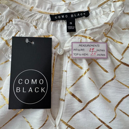 Como Black Ladies Sz S Blouse White Gold Print ruched round neck keyhole