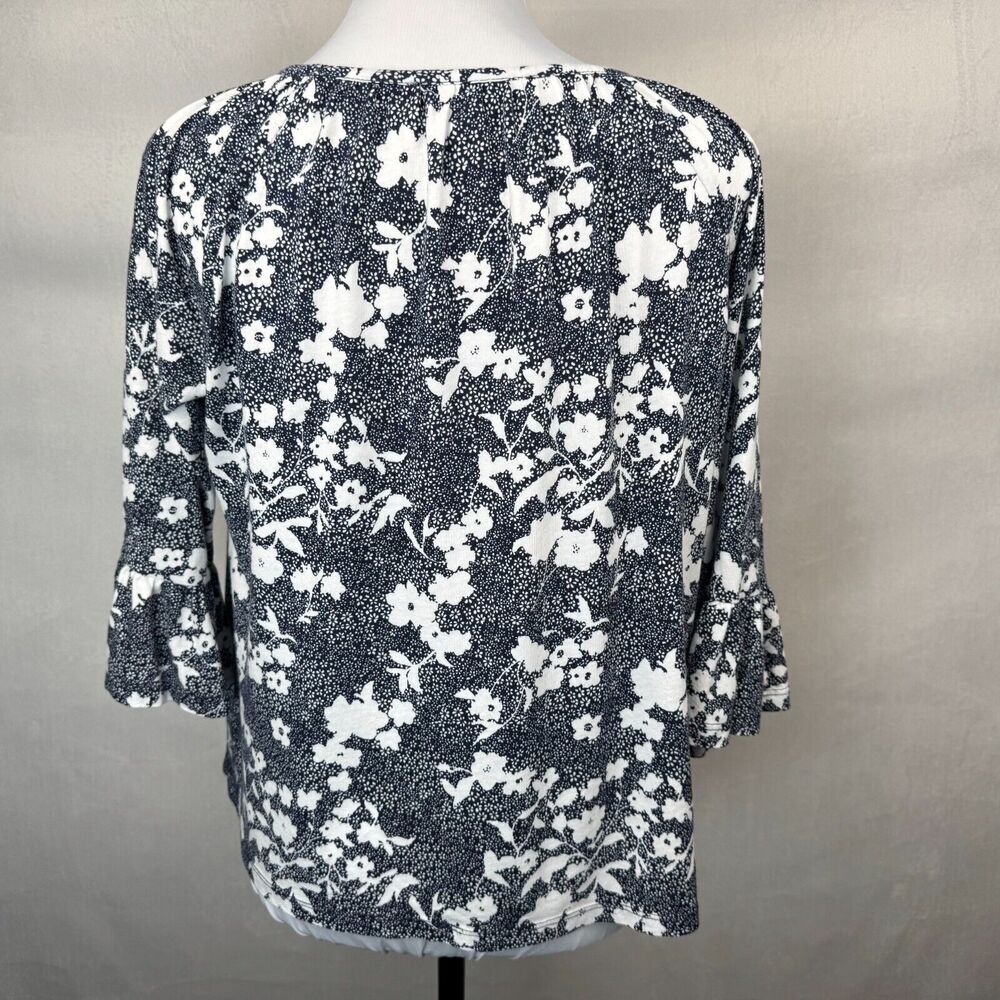Michael Kors White Floral Peasant Blouse Blue Sz M Round Neck 3/4 Peplum Sleeve