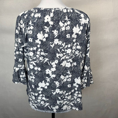 Michael Kors White Floral Peasant Blouse Blue Sz M Round Neck 3/4 Peplum Sleeve