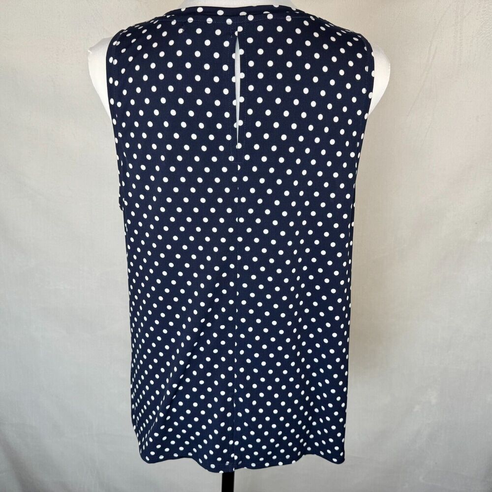 Chaus New York Sz  L Top Navy Polka Dots Scoop Neckline Sleeveless Back Slits