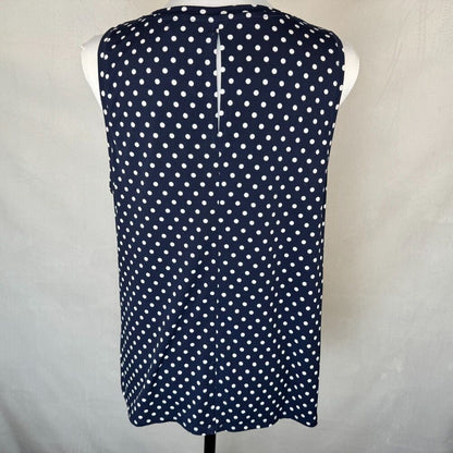 Chaus New York Sz  L Top Navy Polka Dots Scoop Neckline Sleeveless Back Slits