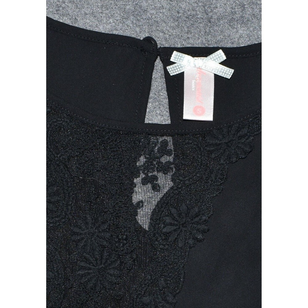 DownEast Women Black Embroidered Blouse Round Neck Lace Long Sleeve Size S