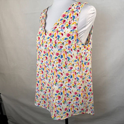 Gibson Top Ladies Sz S White Colorful Watercolor Print Scallop Neck sleeveless