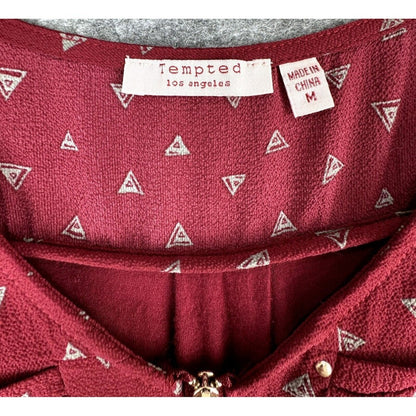 Tempted Los Angeles Women Blouse Burgundy with Gray Triangles V-Neck Zipper Sz M