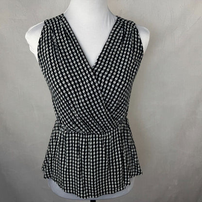 Chelsea 28 Women Sz XS Top Black Geo Ivory Print Peplum Surplice VNeck Faux Wrap