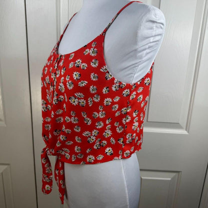 Papermoon Women Top Sz S Red Flower Print Buttons Round Neck Straps Front Tie