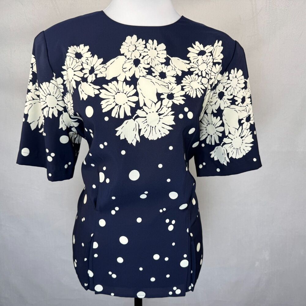 Laura & Jayne Vintage Blouse Sz 10 Blue White Flowers Polka Dots Pleated