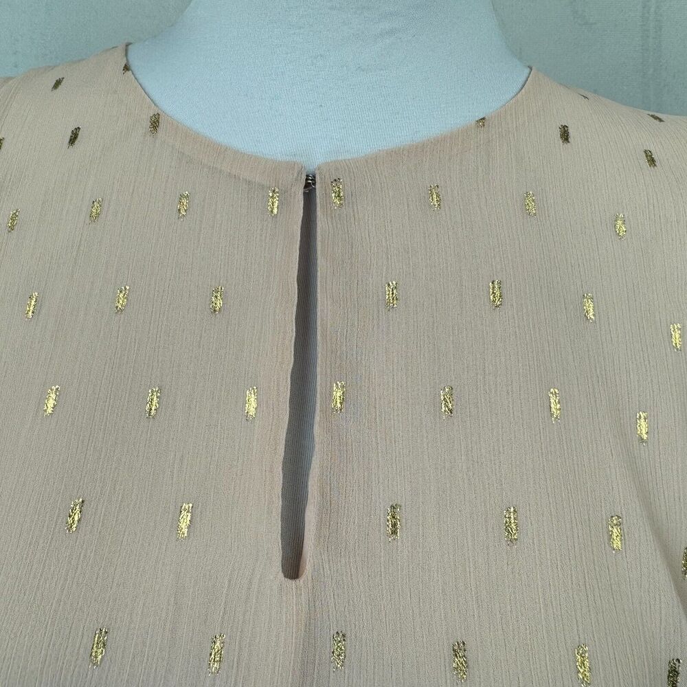 Nine West Sheer Blouse Sz S Peach Foil Gold Speck Chiffon Keyhole Long Sleeve