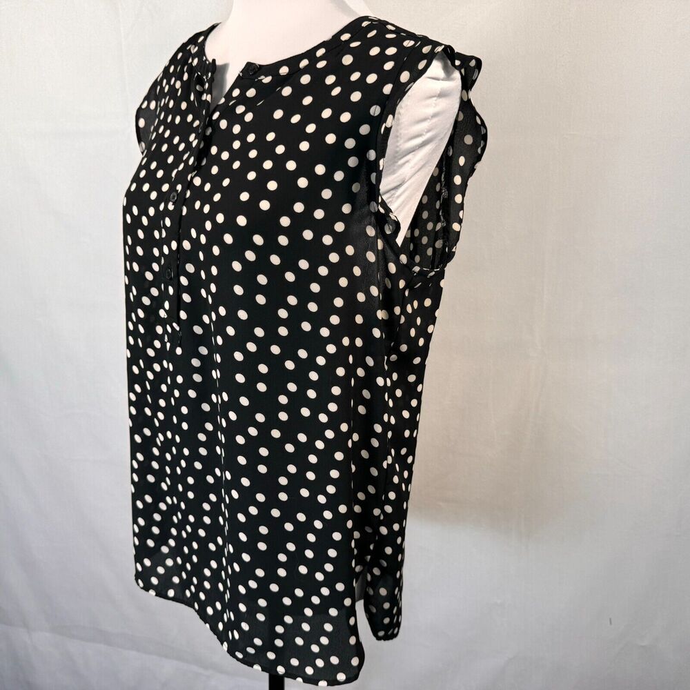 LOFT Womens Tank Top Sz M Black Polka Dot VNeck Henley Flowy Sleeveless
