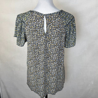LOFT Top Sz S Navy Floral Flutter Cap Sleeve Boat Neck Ladder Stitch Keyhole