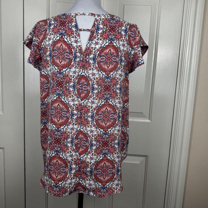 LOFT Women Top Sz S White Multicolor Boat Neck Cap Flutter Sleeve Back Cut Out