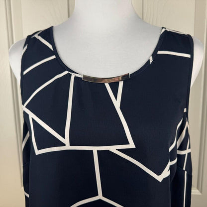 DKNY Women Blouse Sz M Navy Geo Print Round Neck Sleeveless Flowey Sheer Back