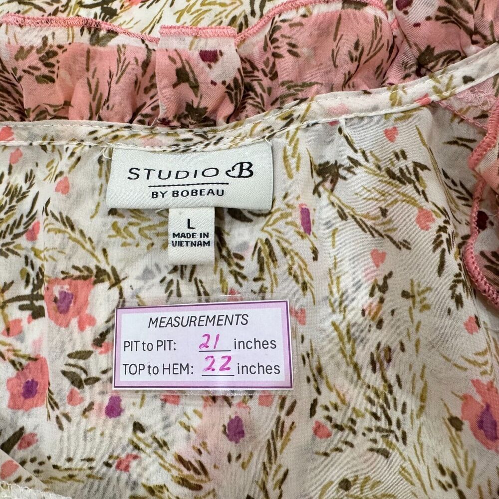 Studio B By Bobeau Sz L Floral Ruffle Sleeves Semi Sheer Tie Neckline