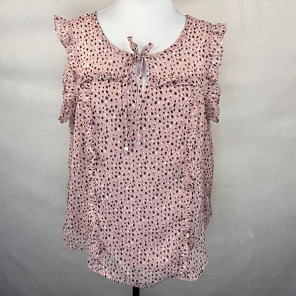 Adrienne Vittadini Women Blouse Sz L Sheer Pink Floral Split Neck Ruffle Sleeve