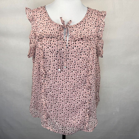Adrienne Vittadini Women Blouse Sz L Sheer Pink Floral Split Neck Ruffle Sleeve