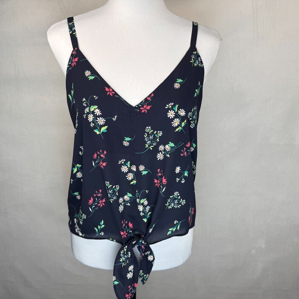 Sienna Sky Crop Top Sz S Black Floral Strappy Spaghetti Strap Front Knot