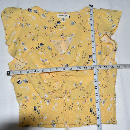 Monteau Crop Top Sz S  Yellow Floral V-Neck Flutter sleeve