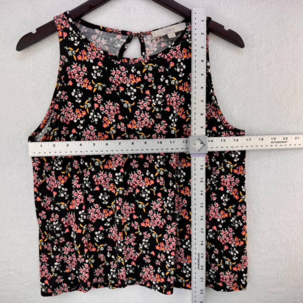 Loft Tank Top Sz M Black multicolor flowers back keyhole gold button