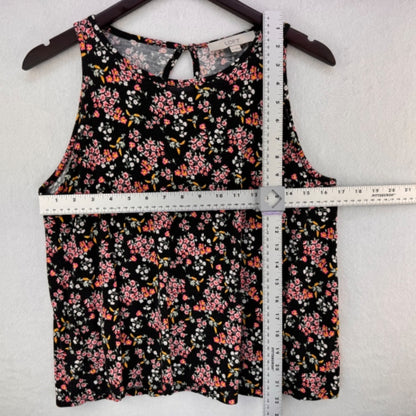 Loft Tank Top Sz M Black multicolor flowers back keyhole gold button