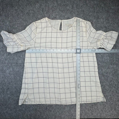 LOFT Top Sz M Ivory Plaid Round Neck Short Sleeve Keyhole Back Peplum Lined