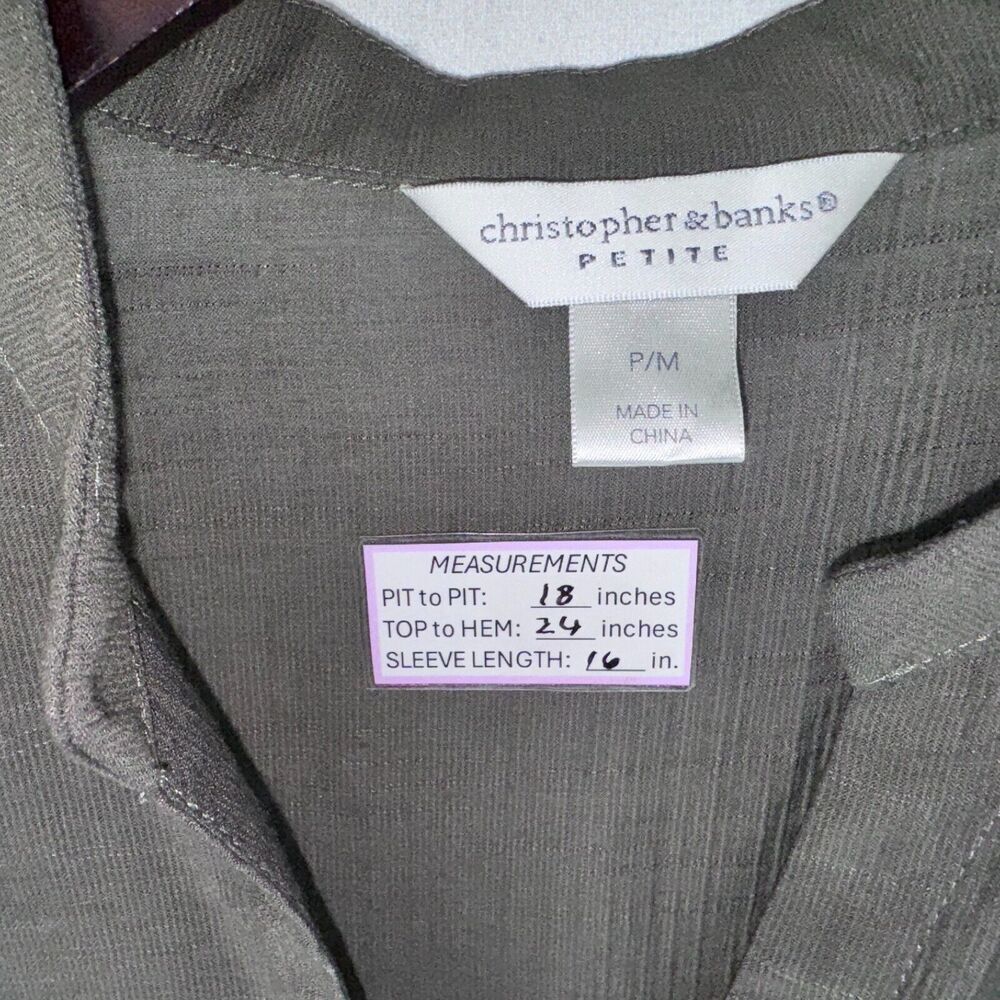 Christopher & Banks Blouse Sz PM Dark Sage button up 3/4 sleeve peplum pleated