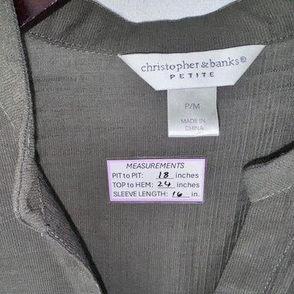 Christopher & Banks Blouse Sz PM Dark Sage button up 3/4 sleeve peplum pleated