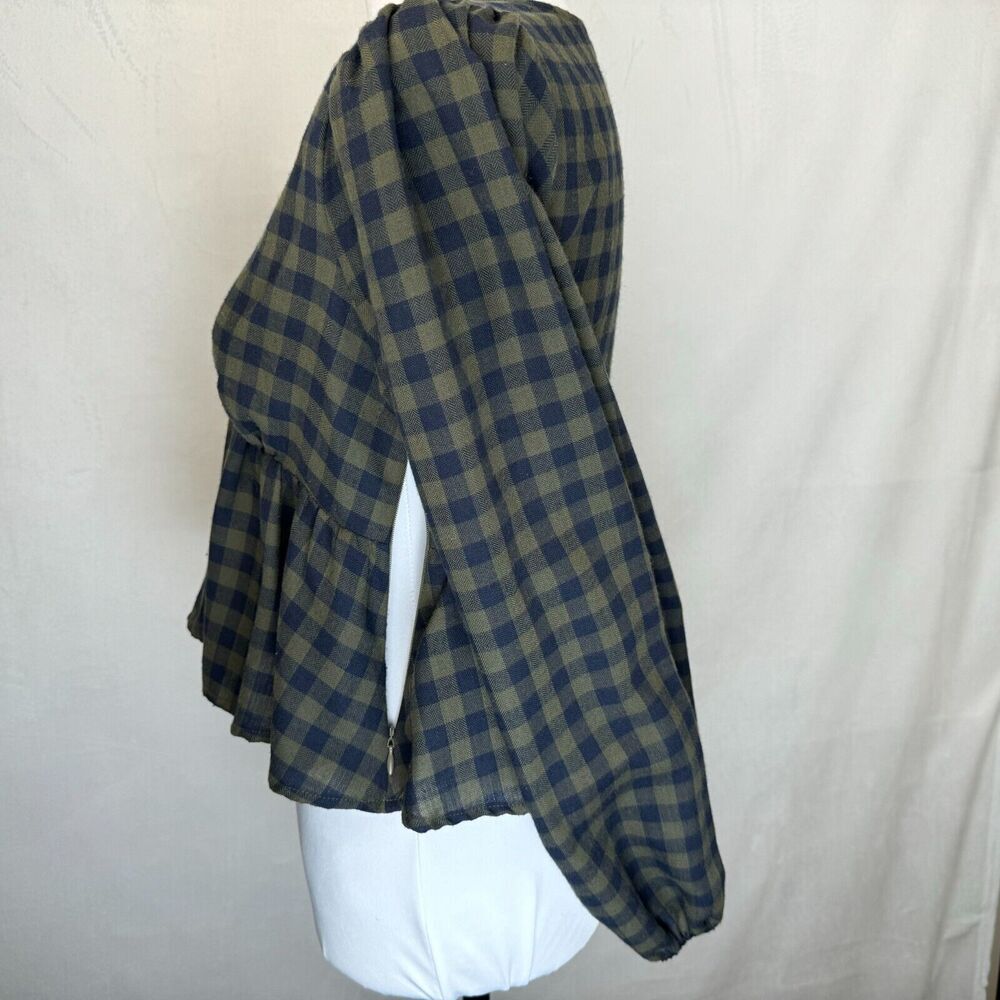 Forever 21 Woven Crop Peplum Blouse SZ S Green Blue V Neck Balloon Long Sleeve