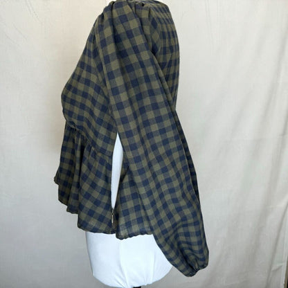 Forever 21 Woven Crop Peplum Blouse SZ S Green Blue V Neck Balloon Long Sleeve