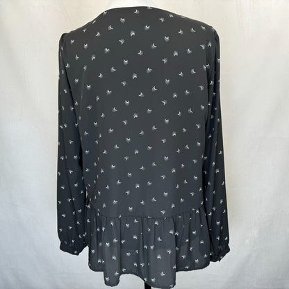 Loft Top Ladies Sz S Black Moon Print V-Neck Long Sleeves Peplum