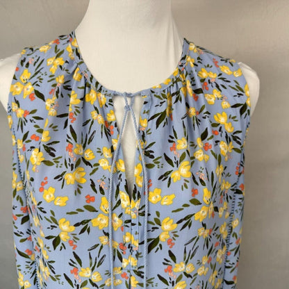 Collective Concepts Tank Top Sz L Blue Floral Split Tie Neck Ladder Stitch Trim