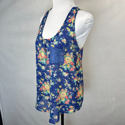 Ali & Kris Tank Top Sz M Floral Sheer Racerback Scoop Neck Blue Lace Pocket