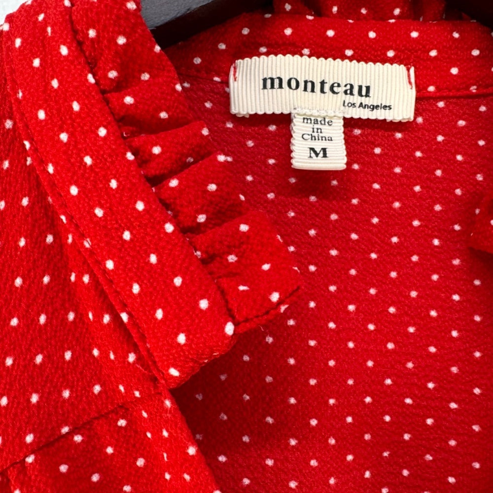 Monteau Women Blouse Sz M Red and white polka dots faux wrap