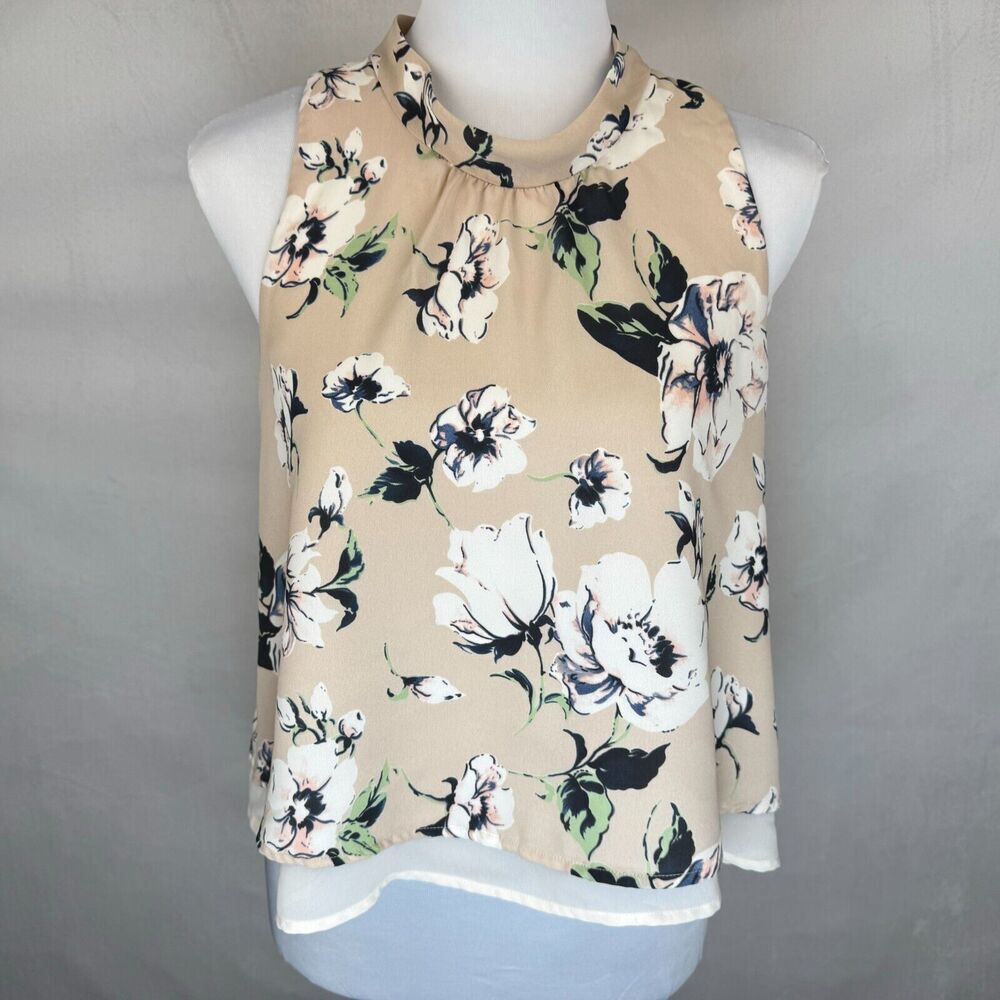 ASTR The Label Women Crop Top Sz S Beige Floral Chiffon Under Blouse Split Back
