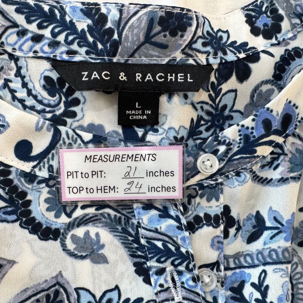 Zac & Rachel Sz L Top White Paisley Print Blue Henley V Neck Buttons Cap Sleeve
