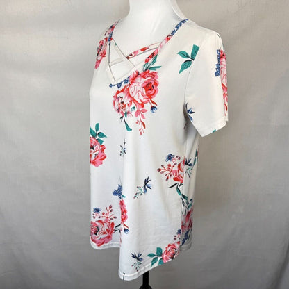 Tickled Women Sz L Dusty White Floral Tunic Short Sleeve Strappy Front Neckline