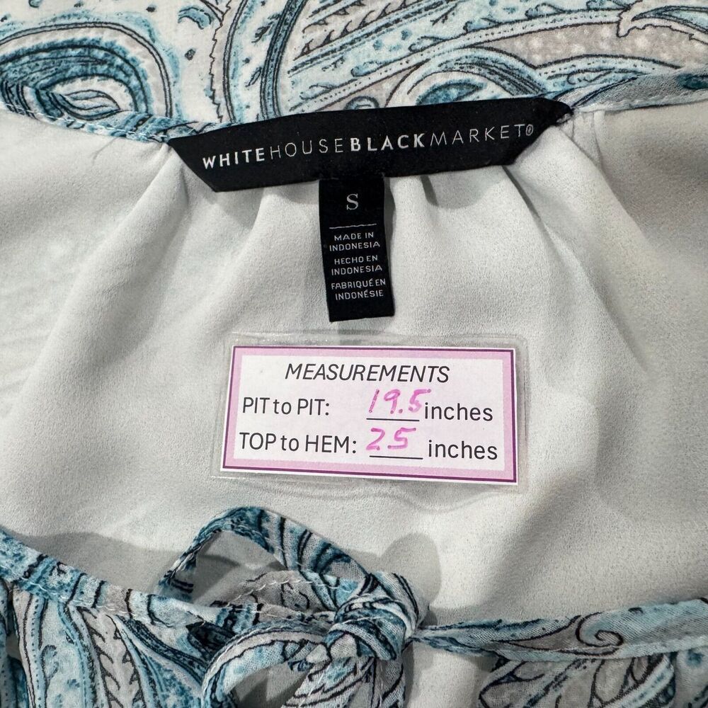 White House Black Market Blouse Sz S Blue Paisley Ruched shoulder Long Sleeve