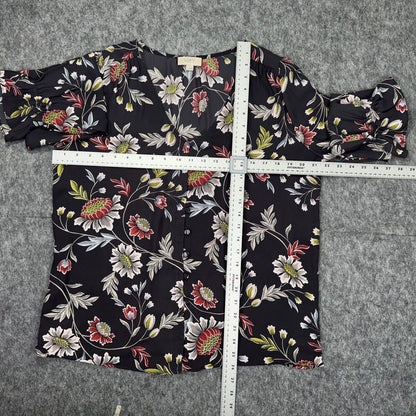 LOFT Women Blouse Sz M Charcoal Floral VNeck Long Sleeve Button Down Ruffle Cuff