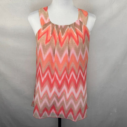 BCX Halter Top Sz S Round Neckline Zig Zag Print Coral Beige Pink Lined Button