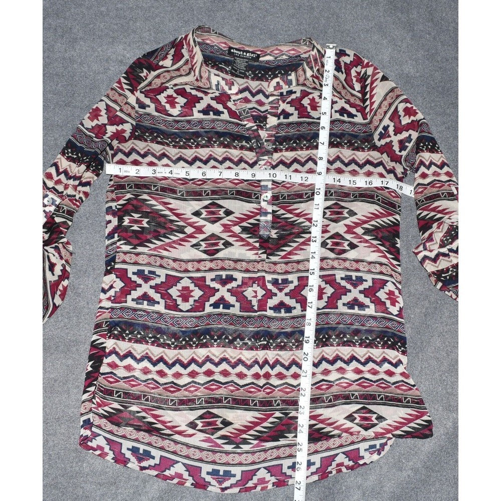 About A Girl Sz S Blouse Henley Roll Tab Sleeves Semi-sheer Red Black