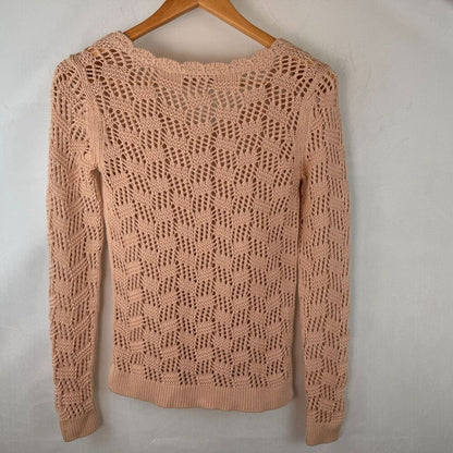 Loft Sweater Sz XS Pullover Open Knit Pale Pink Scalloped VNeck Ribbed waistline