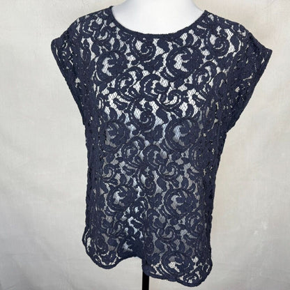 Loft Women Sz L Navy Lace Crochet Round Neck Cap Sleeve