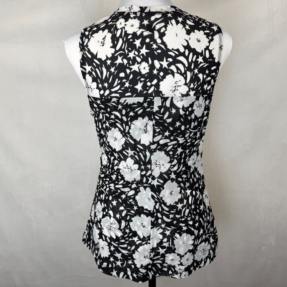 Cabi Women Top Sz S Stretch Mesh Black Floral Print Ruched Front Center