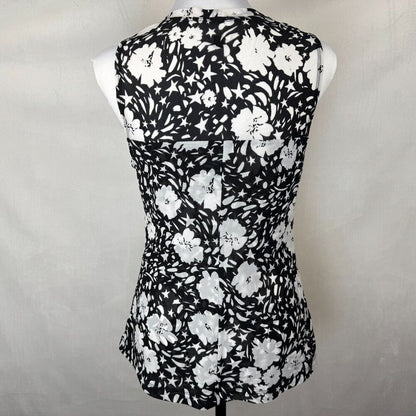 Cabi Women Top Sz S Stretch Mesh Black Floral Print Ruched Front Center
