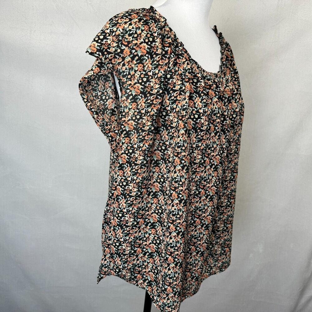 LC Lauren Conrad Top Women Sz L Black Multi Floral Pleated Round Neck Tie Back