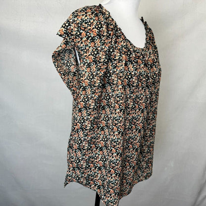 LC Lauren Conrad Top Women Sz L Black Multi Floral Pleated Round Neck Tie Back