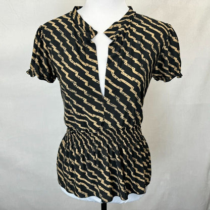 PSE Top Sz M Black Geometric Beige Print Split Neck Peplum Short Balloon Sleeve